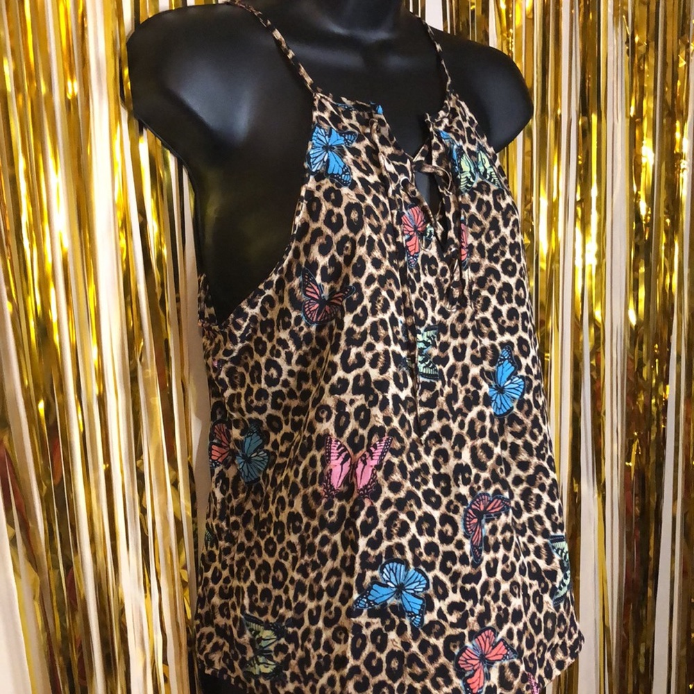 NWT Leopard Print Butterfly Lace Up Chiffon Tank